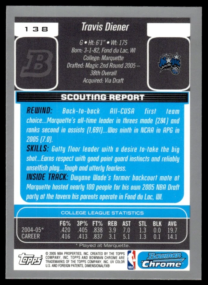 2005-06 BOWMAN CHROME ROOKIE CARD Travis Diener Orlando Magic #138 - Image 2 of 2