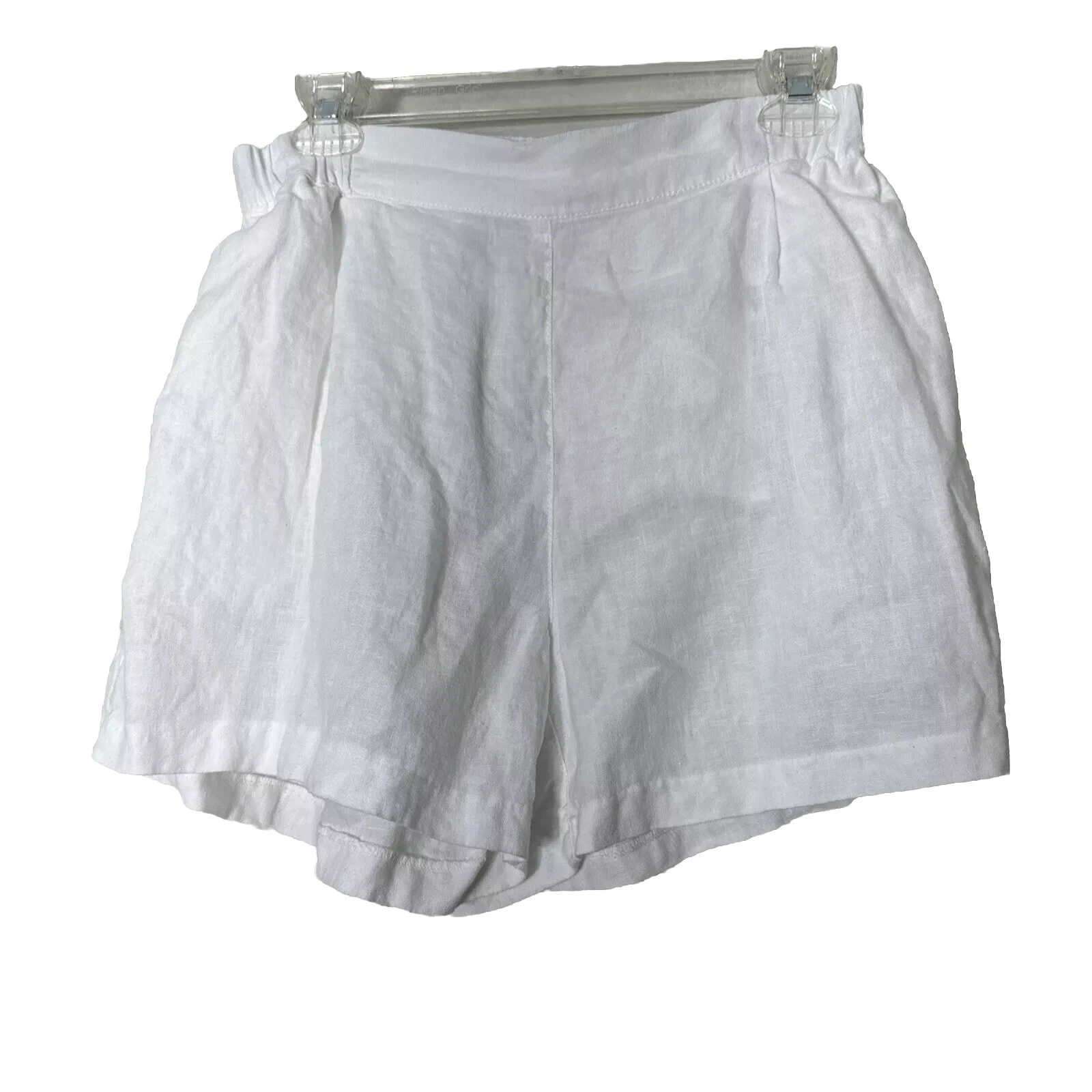White Linen Short Pant Women's Size S High Waist Pockets Flat Front
