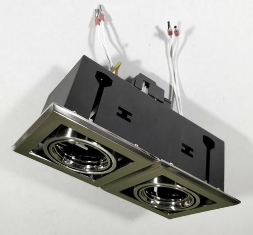 Double 12V MR16 Recessed Gimble Downlight Fitting Satin Chrome Gimbal Rectangle - Picture 2 of 8