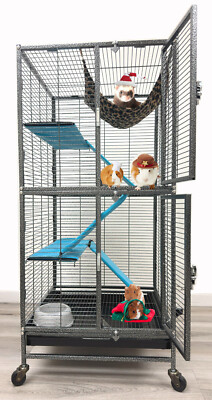 Double Unit Two Story 4-Floor Ferret Hammock Guinea Pig Rat Mouse Cage On Wheels