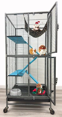 MCAGE Double Unit Two Story 4-Floor Ferret Hammock Guinea Pig Rat Mouse Cage On Wheels