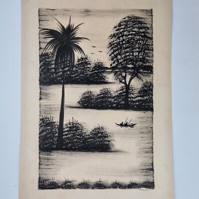 Mikasi signierte Feder Silhouette Studienfiguren im Boot Fluss Landschaft Vintage #2