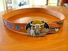 HANDMADE TOOLED EAGLE LEATHER WESTERN UNISEX BELT ARROYO BUCKLE CO.STEER HEAD