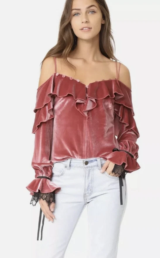 Top con volantes de terciopelo rosa autorretrato fuera o en el hombro impecable talla XS $305