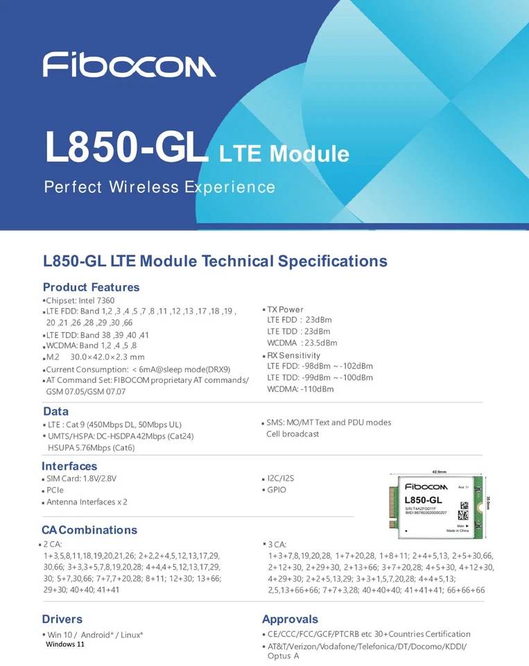 4G LTE Modem Fibocom L850-GL CAT9 450Mbps NGFF M.2 Windows Linux Intel XMM7360 - Bild 2 von 2