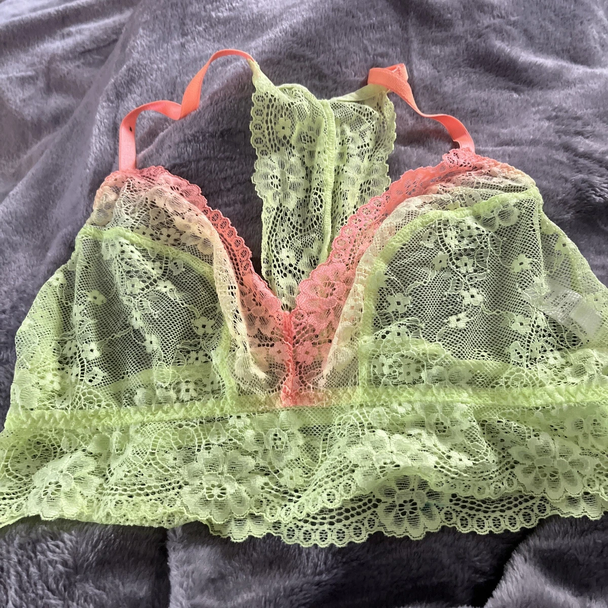 Next - DAISY ~ Neon Acid Green / Coral Sheer Lace Bralette Bra - Size 12