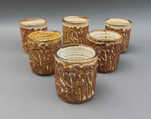 Helen Bennett Signed Vintage Figural Studio Pottery Mugs Set Of 6