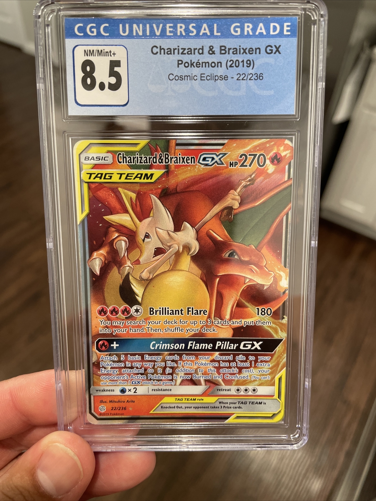 Pokemon - CGC 8.5 NM/M+ - Cosmic Eclipse - Charizard & Braixen GX 22/236 - AAP10