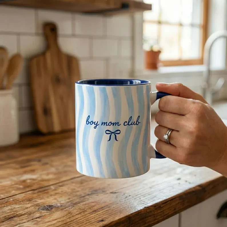 Boy Mom Coffee Mug Blue Stripe Coquette Style Gift Cup