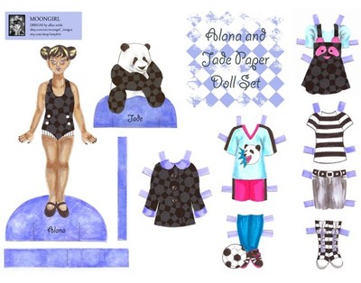 Hand Drawn Paper Doll Set - Alana & Jade - Soccer Panda Space Buns Punk