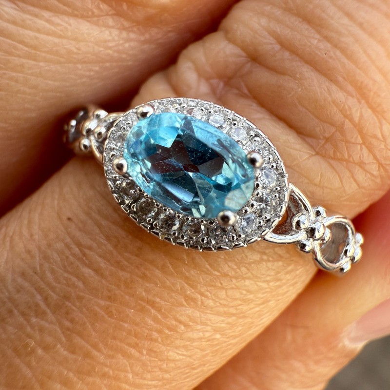 925 Sterling Silver Ring 6x4mm Natural Blue Topaz Gemstone Zircon Handmade Gift