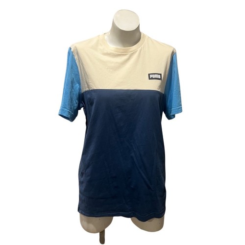 PUMA Power Colorblock Tee Men's T-Shirt Size M Cream Navy Blue Crewneck - Afbeelding 1 van 10