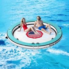 10FT Round Inflatable Water Hammock 5 Cup Holders with Ladder Float Ring Island