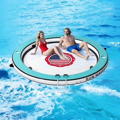 10FT Round Inflatable Water Hammock 5 Cup Holders with Ladder Float Ring Island