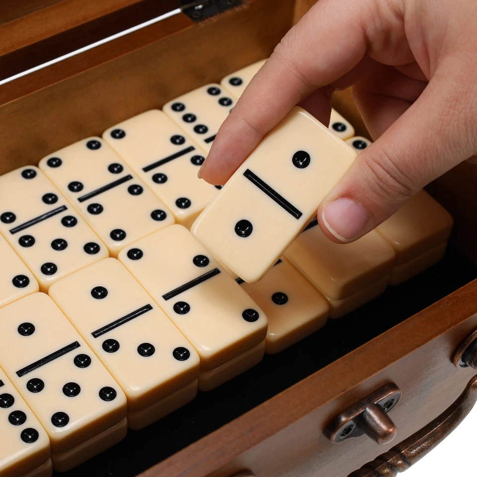 WE Games Double 6 Dominoes Ivory Color Tiles with Wooden Treasure Box - Image 2 of 4