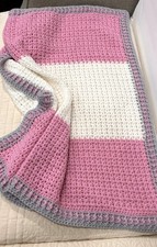 HANDMADE CROCHET BABY BLANKET/Pink, White, Grey 39x39