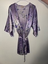 Vintage Angelique Satin Floral Robe Size L Purple Blue Green Tie Closure