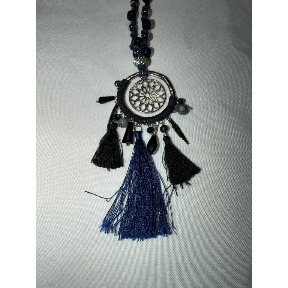 Collar Borla Atrapasueños Azul Negro Tono Plata Boho Bohemio Foto 4 de 4