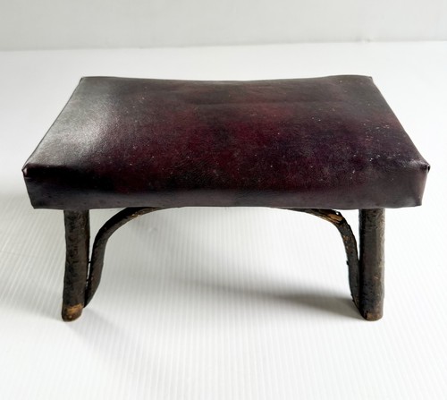 Antique Vintage Small Footstool Bench Bent Wood Legs Vinyl Top Rustic Primitive