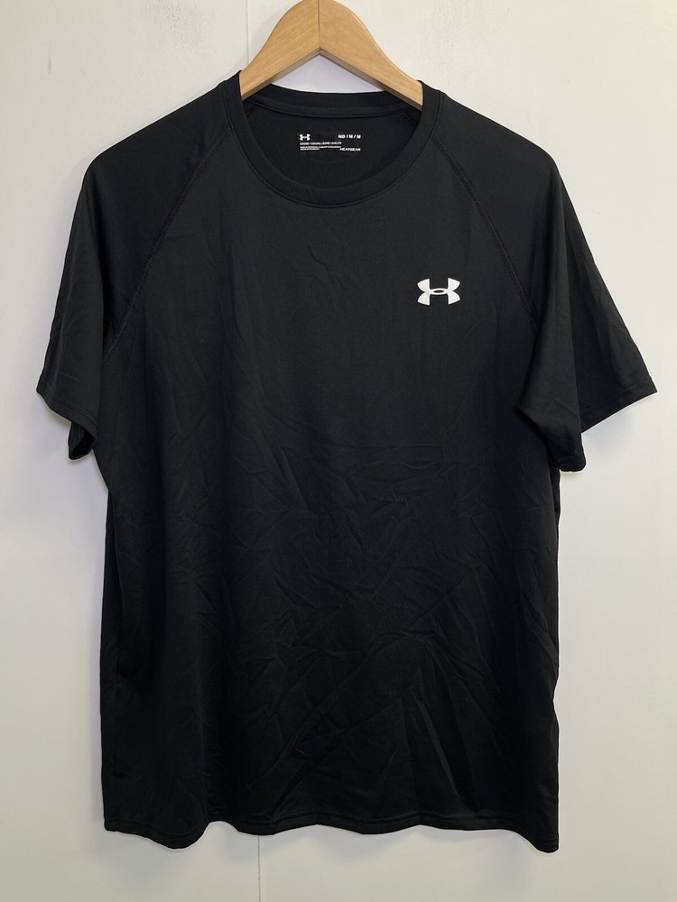 Under Armour Workout Shirt Mens M Black Short Sleeve Loose Heat Gear