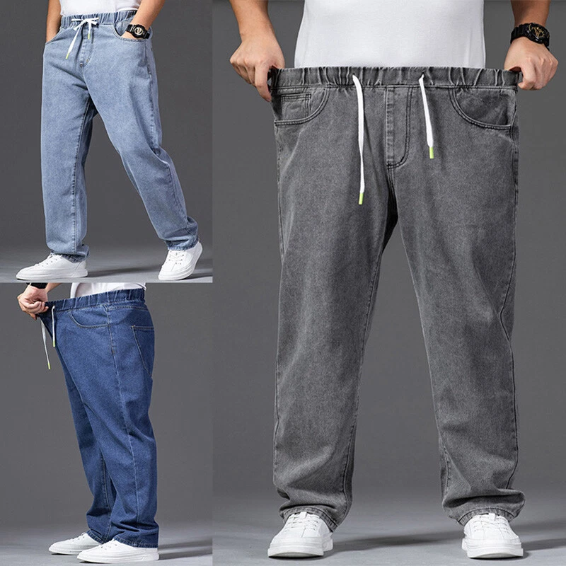 Mens Elastic Waist Jeans Casual Oversized Denim Pants Loose Work Soft  Trousers