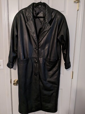 Vintage Jacqueline Ferrar Women Med Black Leather Trench Coat 80's