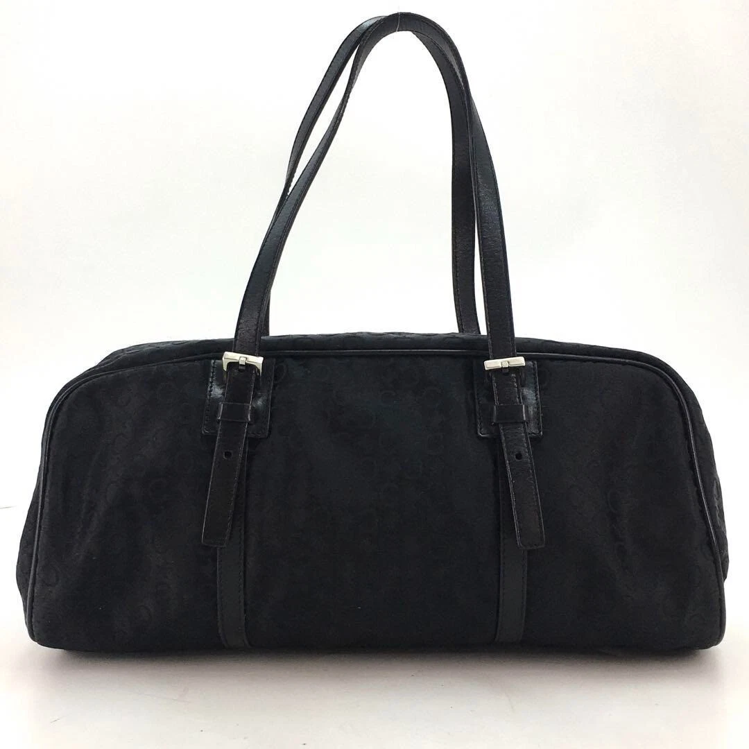 CELINE Boston borsa borsa a tracolla C macadam tela pelle nera USATA originale #S1984