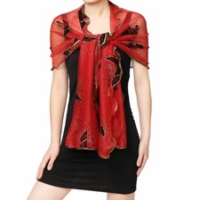 Women Ruffled Trim Shiny Butterfly Semi Sheer Rectangular Scarf