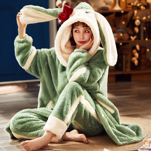 Accappatoio donna autunno inverno spesso con cappuccio dolce flanella vestaglia abito lungo pile - Foto 31 di 31