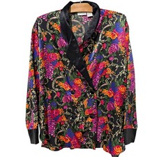 Vintage Kathryn  Silky Pajama Top Jacket Double Breasted Black Floral- Large
