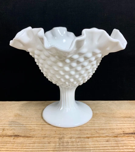 Vintage Fenton Hobnail White Milk Glass Ruffled Crimped Pedestal Compote 6” tall