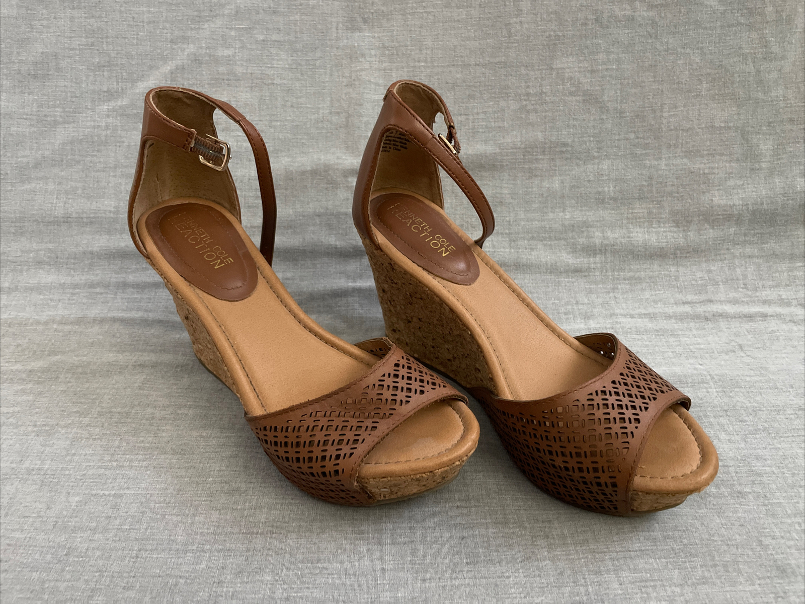 Kenneth Cole Reaction Sole Ness Leather Tan Cork Wedge Sandals Size 7 | eBay