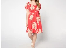Anybody Size Petite Small Floral Coral Hibiscus Puff Sleeve Dress A648740 NWOT