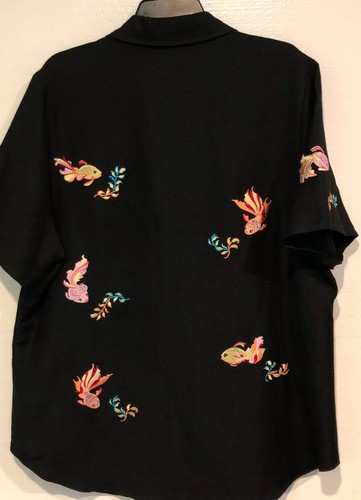 Sarah Spencer Sz 16W Short Sleeve Black Blouse Koi Fish Embroidery Linen Blend - Bild 10 von 12