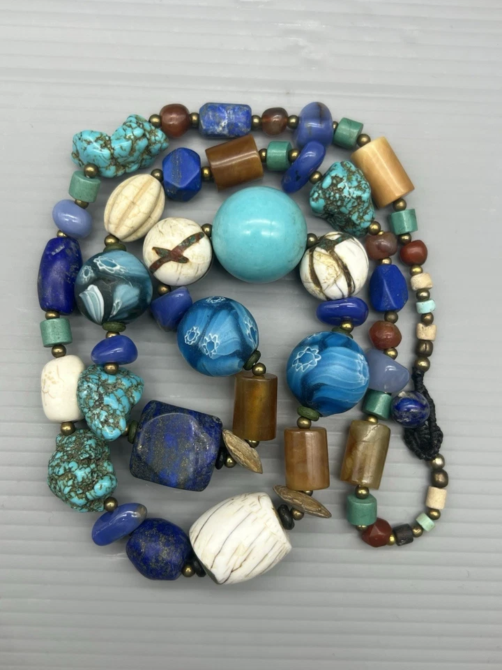 Collar de cuentas usado vintage Asia Nepal ágata turquesa lapislázuli concha cuentas Mala Foto 3 de 4