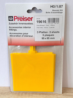 (6308) Preiser 1:87, 19616 Innenausbau Wandfliesen gelb 3St 95x95mm Bausatz
