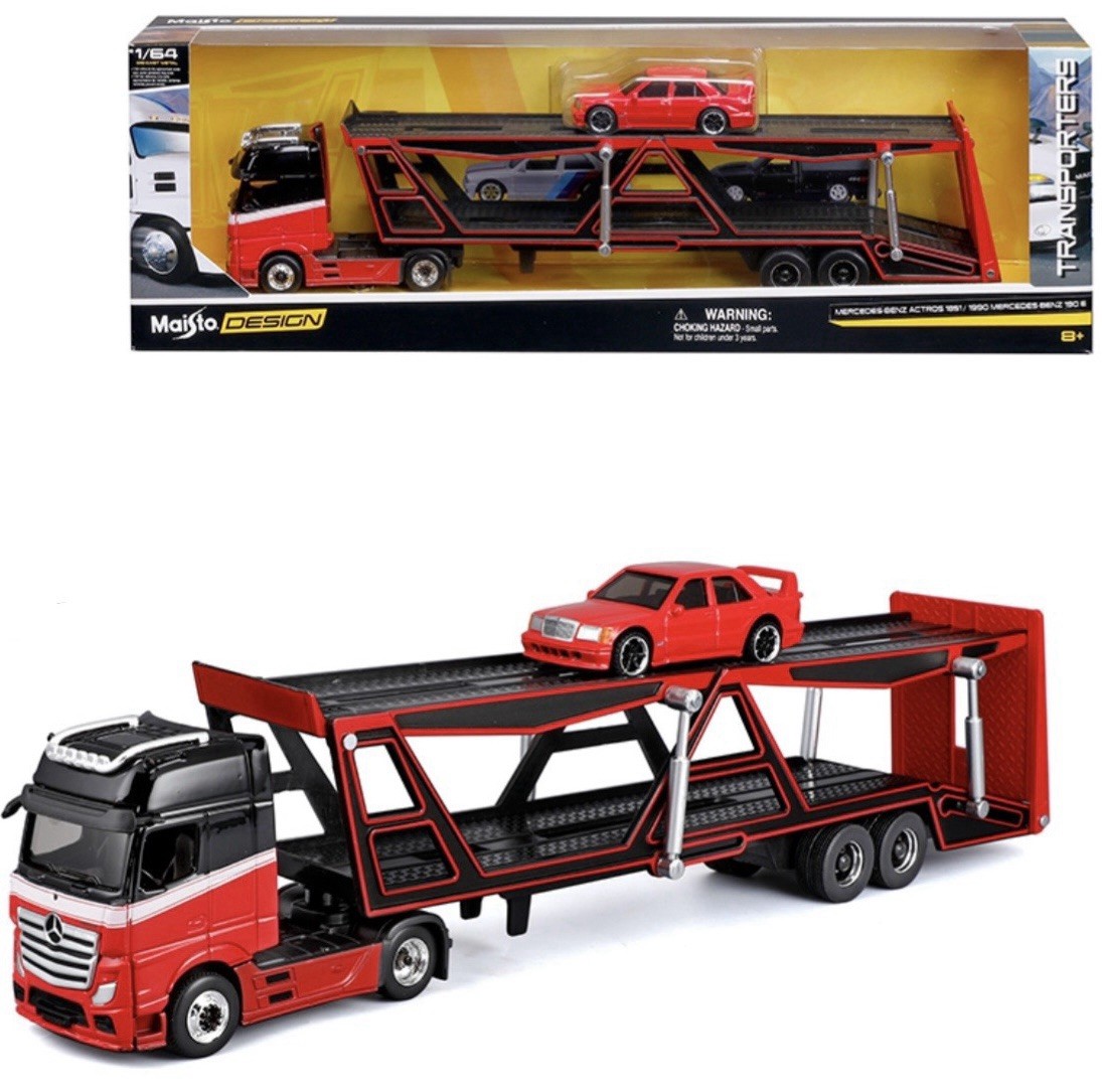 Maisto Mercedes-Benz Actros Car Hauler & 1990 Mercedes-Benz 190E Hobby 1:64