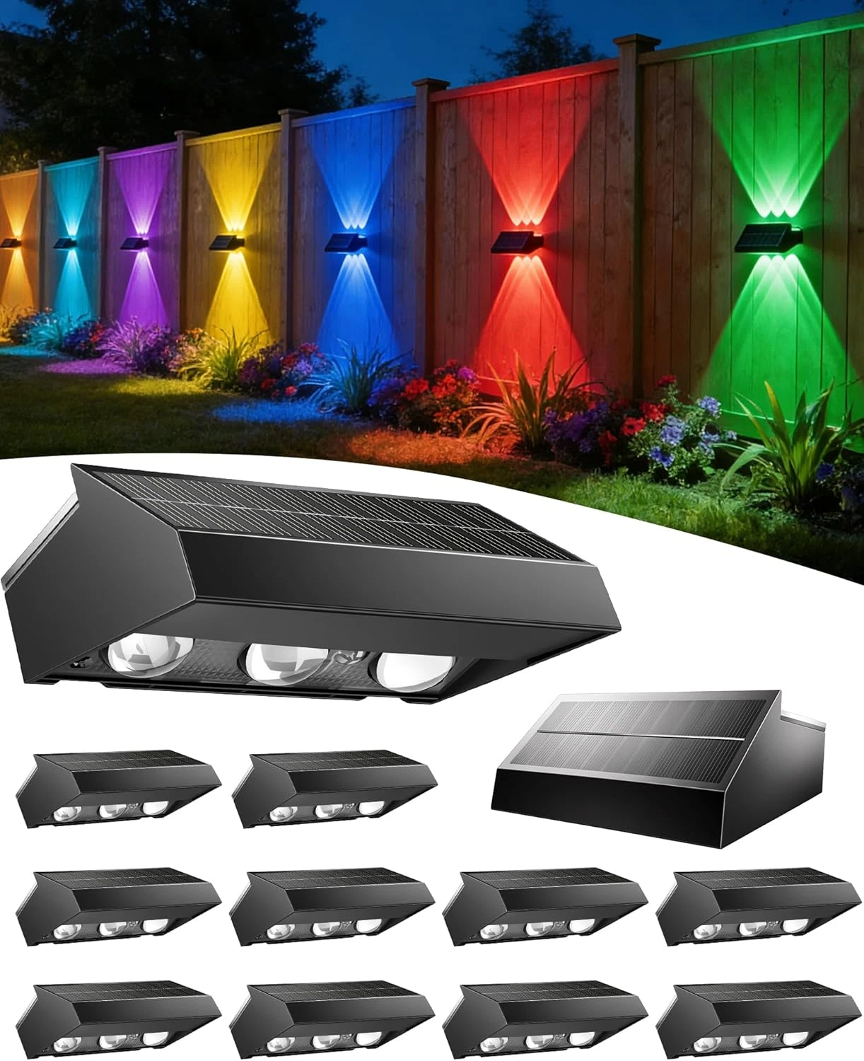 12 Pack Solar Fence Lights with 3 Modes & 10 RGB Colors for Outdoor Decor