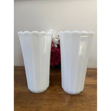 Vintage Paneled Milk Glass Vases Mid-Century White Scalloped-Edge Wedding Decor