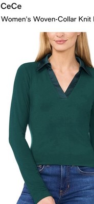 CeCe Knit Top S Green Woven Collar Long Sleeve V Neck Stretch Fitted
