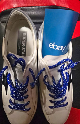 Golden Goose Super-Star Low Top Lace-Up Sneakers White/Black Star Blue Laces