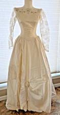 Vtg Wedding Dress 1950's Custom Satin Princess Ball Gown Small Ivory Lace Arms