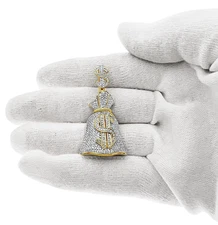 0.75 Cttw Diamond Money Bag Dollar Sign Mens Charm Pendant 10k Yellow Gold