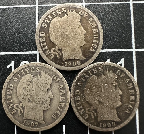 1906-P 1907-P 1908-P Lot of 3 Barber Dime 10C 90% Silver Avg Circulation AG/G