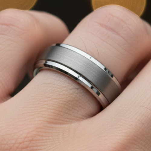 7mm Brushed Silver Tungsten Carbide Ring – Flat Pipe Cut modern Statement Band