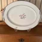 Noritake China Japan 5421 Crest Platter 13.75” x 10.25” Platinum Trim Pink Lily — photo 1