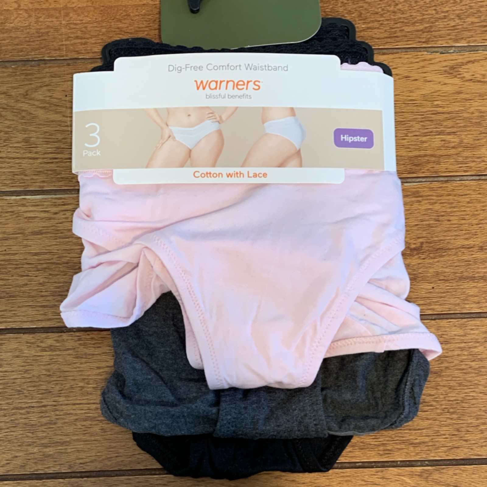 Warner's Blissful Benefits 3 Pack Hipster Panties Cotton Lace XL Pink Gray Black
