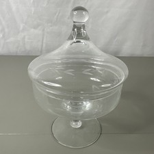 vintage clear glass pedestal candy dish with lid etched leaves