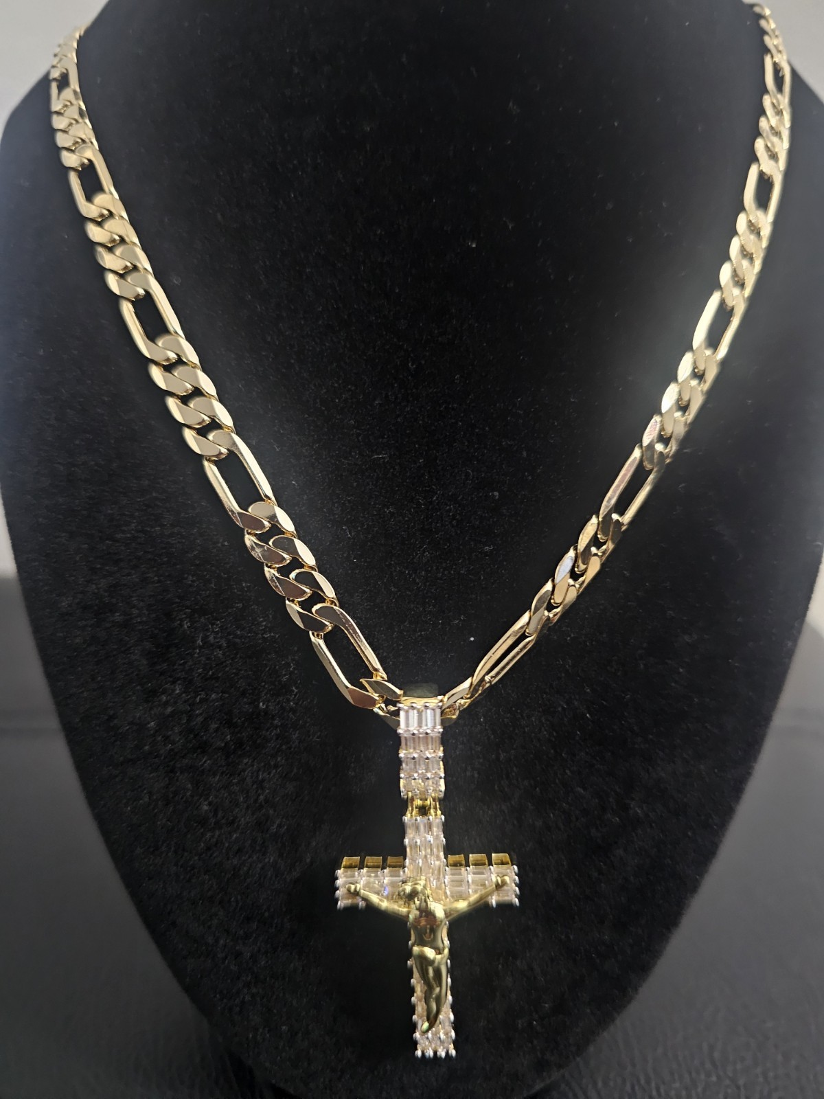 24in. 14k Gold Plated on brass- 7mm Figaro Chain w gold plated Cross CZs Pendant image 2