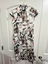 Chinese Ink Wash Floral Qipao Dress Satin Cheongsam Black Trim Size S US 4-6